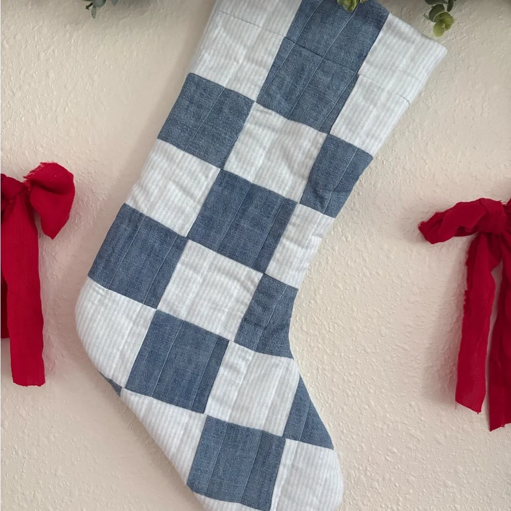 Blue and White Checkered Holiday Stocking